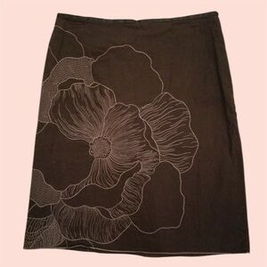 Ann Taylor Petites Embroidered Floral Dark Brown Cotton Knee-Length A-Line Skirt